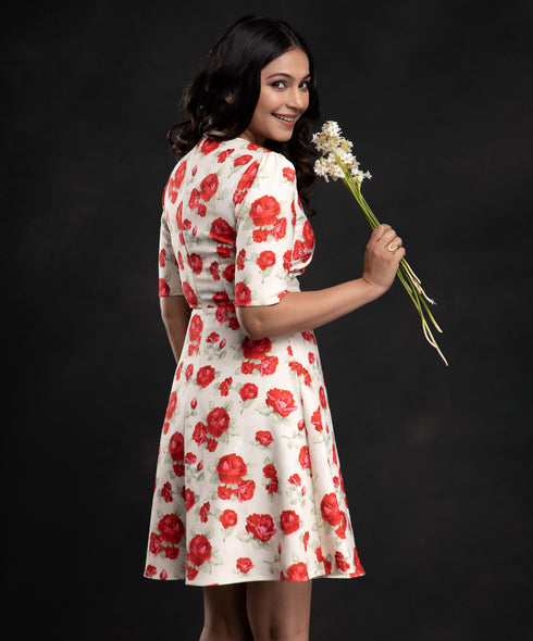 Red Floral Printed Half Sleeve Dress